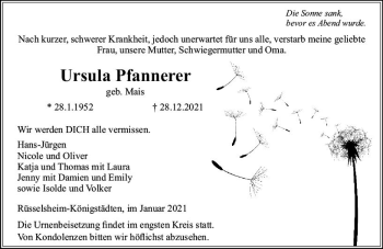 Traueranzeige von Ursula Pfannerer von vrm-trauer Rüsselsheimer Echo / MainSpitze