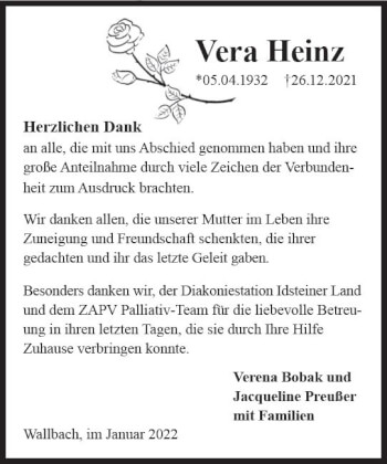 Traueranzeige von Vera Heinz von vrm-trauer Idsteiner Zeitung