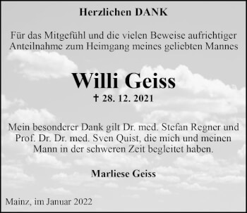 Traueranzeige von Willi Geiss von vrm-trauer AZ Mainz