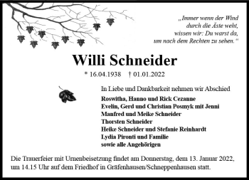 Traueranzeige von Willi Schneider von vrm-trauer Darmstädter Echo