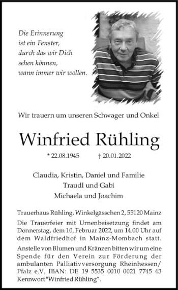 Traueranzeige von Winfried Rühling von vrm-trauer AZ Mainz