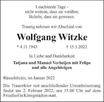 Traueranzeige von Wolfgang Witzke von vrm-trauer Rüsselsheimer Echo / MainSpitze