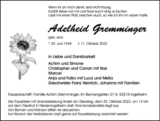 Traueranzeige von Adelheid Gremmingen von vrm-trauer Allgemeine  Zeitung Ingelheim-Bingen