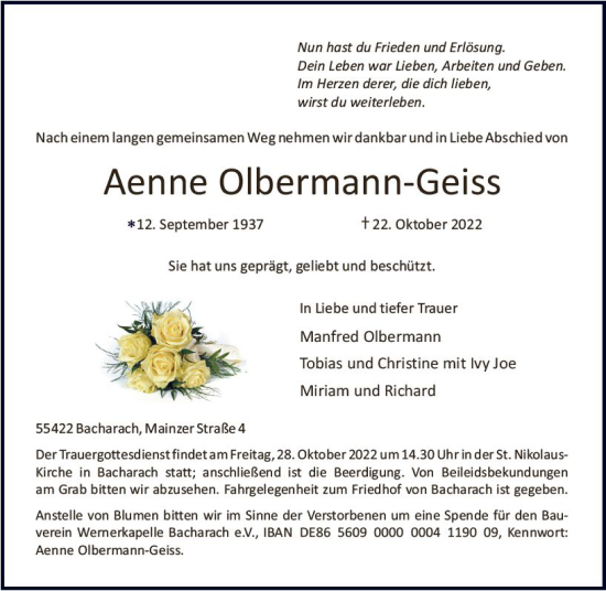 Traueranzeige von Aenne Olbermann-Geiss von vrm-trauer Allgemeine  Zeitung Ingelheim-Bingen