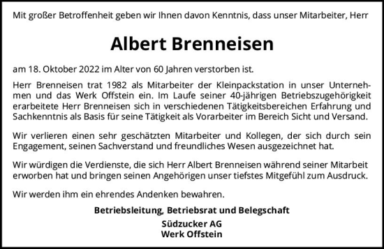 Traueranzeige von Albert Brenneisen von vrm-trauer Wormser Zeitung