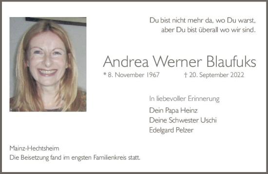 Traueranzeige von Andrea Werner Blaufuks von vrm-trauer AZ Mainz