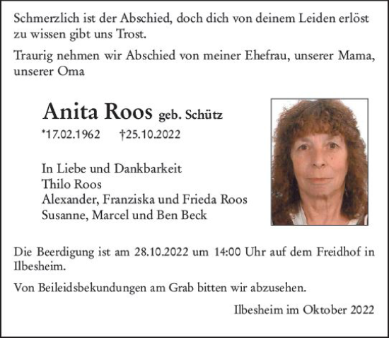 Traueranzeige von Anita Roos von vrm-trauer Allgemeine Zeitung Alzey