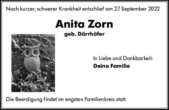 Traueranzeige von Anita Zorn von vrm-trauer Wiesbadener Kurier