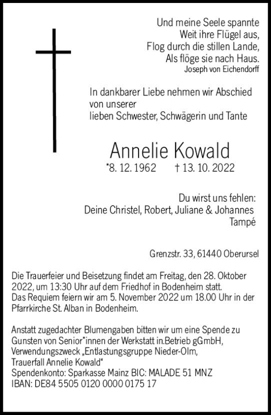 Traueranzeige von Annelie Kowald von vrm-trauer AZ Mainz