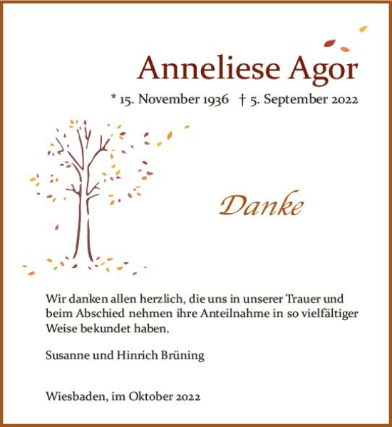 Traueranzeige von Anneliese Agor von vrm-trauer Wiesbadener Kurier