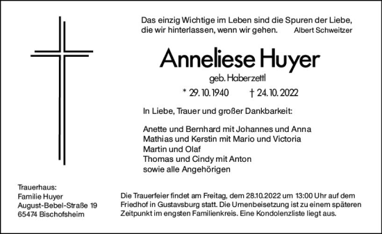 Traueranzeige von Anneliese Huyer von vrm-trauer Rüsselsheimer Echo / MainSpitze