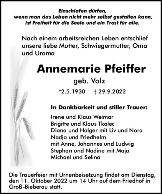 Traueranzeige von Annemarie Pfeiffer von vrm-trauer Odenwälder Echo