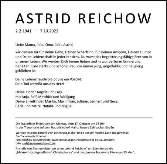Traueranzeige von Astrid Reichow von vrm-trauer AZ Mainz