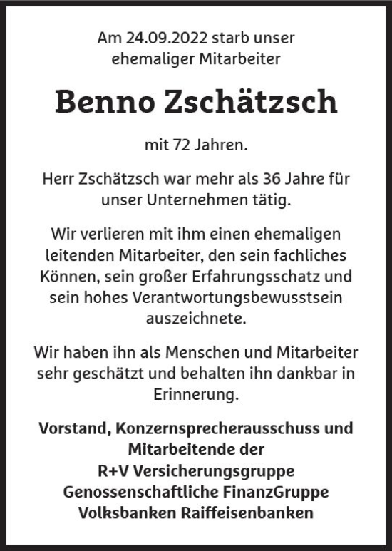 Traueranzeige von Benno Zschätzsch von vrm-trauer Wiesbadener Kurier
