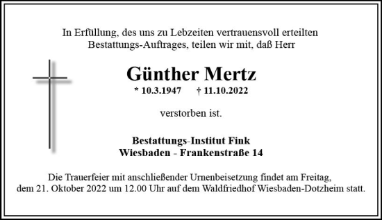Traueranzeige von Bestattungen Mertz von vrm-trauer Wiesbadener Kurier