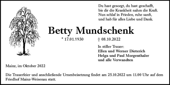 Traueranzeige von Betty Mundschenk von vrm-trauer AZ Mainz