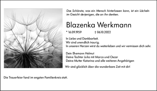 Traueranzeige von Blazenka Werkmann von vrm-trauer Darmstädter Echo