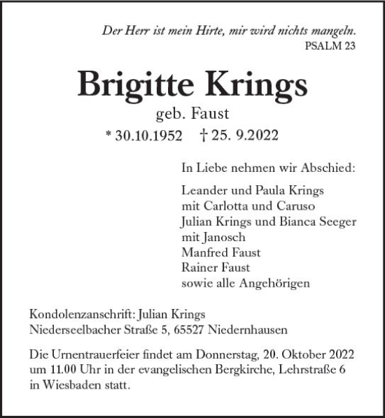 Traueranzeige von Brigitte Krings von vrm-trauer Wiesbadener Kurier
