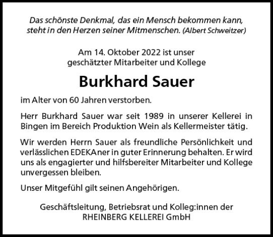 Traueranzeige von Burkhard Sauer von vrm-trauer Allgemeine  Zeitung Ingelheim-Bingen