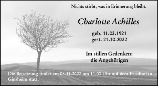 Traueranzeige von Charlotte Achilles von vrm-trauer AZ Mainz