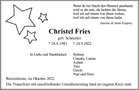 Traueranzeige von Christel Fries von vrm-trauer Rüsselsheimer Echo / MainSpitze