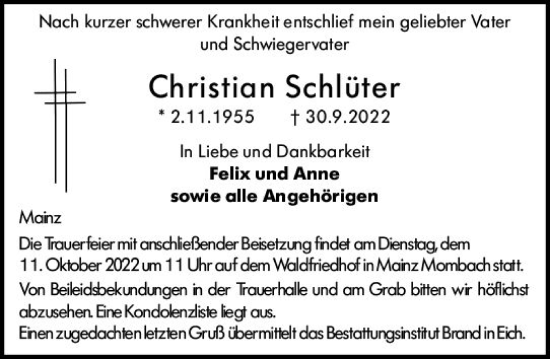 Traueranzeige von Christian Schlüter von vrm-trauer AZ Mainz