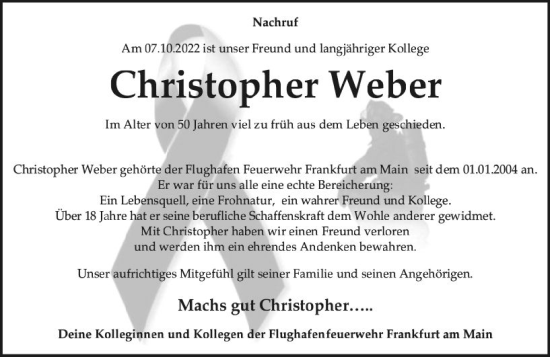 Traueranzeige von Christopher Weber von vrm-trauer Wiesbadener Kurier