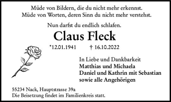 Traueranzeige von Claus Fleck von vrm-trauer Allgemeine Zeitung Alzey