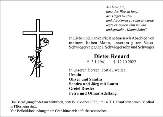 Traueranzeige von Dieter Renard von vrm-trauer Rüsselsheimer Echo / MainSpitze