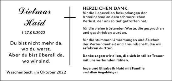 Traueranzeige von Dietmar Haid von vrm-trauer Darmstädter Echo