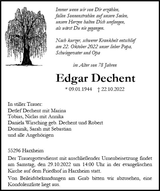 Traueranzeige von Edgar Dechent von vrm-trauer AZ Mainz