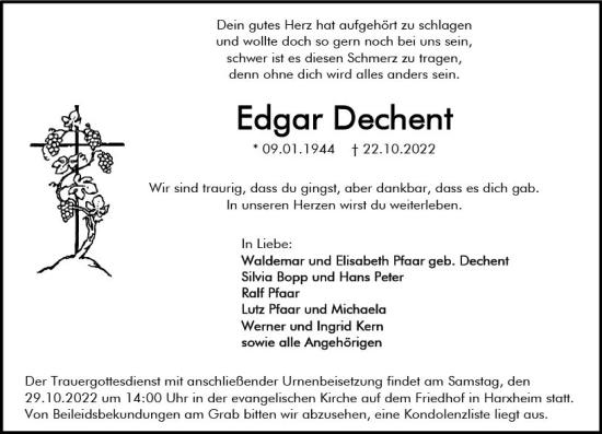 Traueranzeige von Edgar Dechent von vrm-trauer AZ Mainz