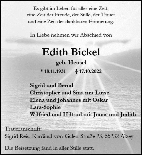 Traueranzeige von Edith Bickel von vrm-trauer Allgemeine Zeitung Alzey