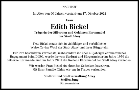Traueranzeige von Edith Bickel von vrm-trauer Allgemeine Zeitung Alzey