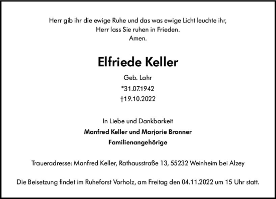 Traueranzeige von Elfriede Keller von vrm-trauer Allgemeine Zeitung Alzey