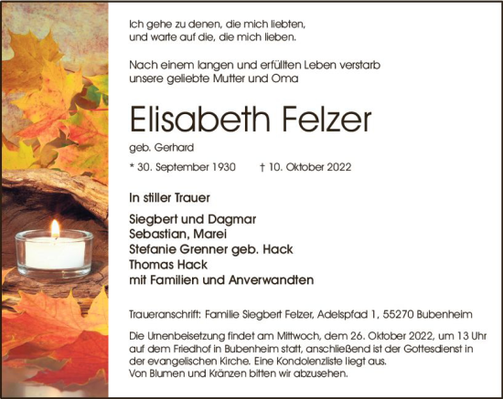Traueranzeige von Elisabeth Felzer von vrm-trauer Allgemeine  Zeitung Ingelheim-Bingen