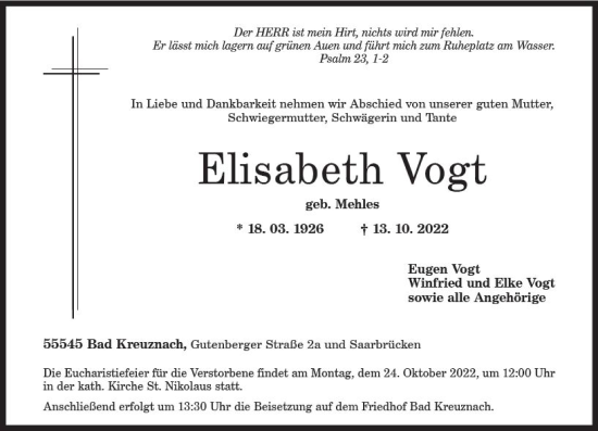 Traueranzeige von Elisabeth Vogt von vrm-trauer Allg. Zeitung Bad Kreuznach