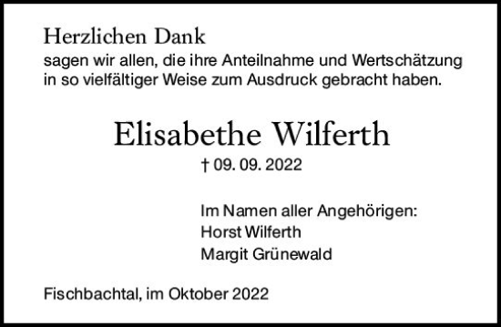 Traueranzeige von Elisabethe Wilferth von vrm-trauer Darmstädter Echo