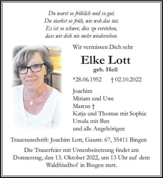 Traueranzeige von Elke Lott von vrm-trauer Allgemeine  Zeitung Ingelheim-Bingen