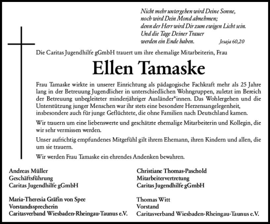 Traueranzeige von Ellen Tamaske von vrm-trauer Wiesbadener Kurier