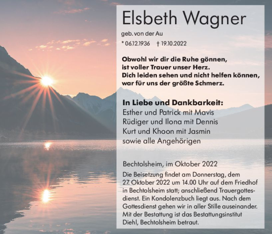 Traueranzeige von Elsbeth Wagner von vrm-trauer Allgemeine Zeitung Alzey