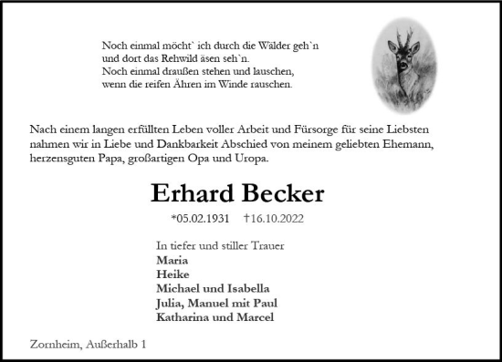 Traueranzeige von Erhard Becker von vrm-trauer AZ Mainz