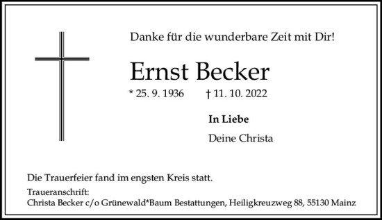 Traueranzeige von Ernst Becker von vrm-trauer AZ Mainz
