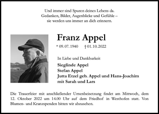 Traueranzeige von Franz Appel von vrm-trauer Wormser Zeitung