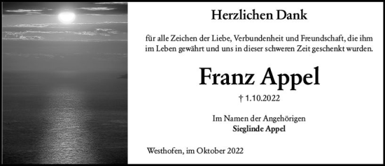Traueranzeige von Franz Appel von vrm-trauer Wormser Zeitung