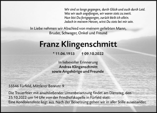 Traueranzeige von Franz Klingenschmitt von vrm-trauer Allg. Zeitung Bad Kreuznach