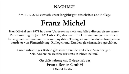 Traueranzeige von Franz Michel von vrm-trauer Allgemeine Zeitung Alzey