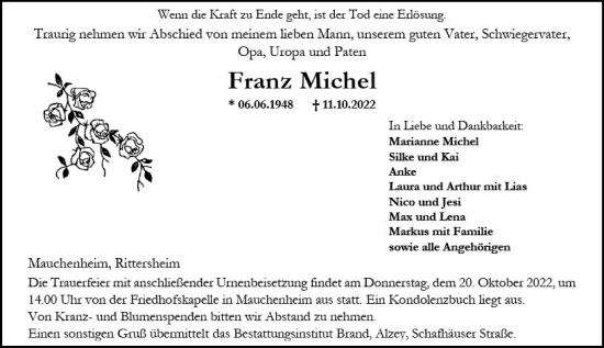 Traueranzeige von Franz Michel von vrm-trauer Allgemeine Zeitung Alzey