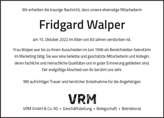 Traueranzeige von Fridgard Walper von vrm-trauer AZ Mainz