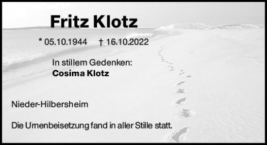 Traueranzeige von Fritz Klotz von vrm-trauer Allgemeine  Zeitung Ingelheim-Bingen